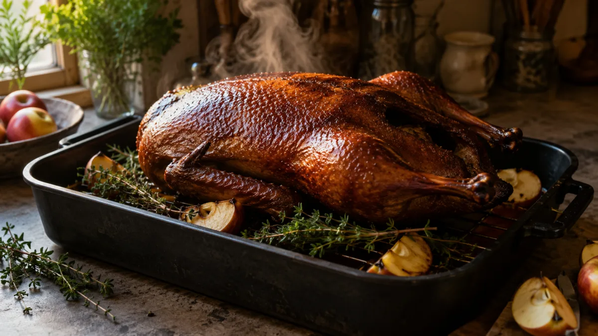 Whole roasted goose with deep mahogany skin resting on a rack in a roasting pan