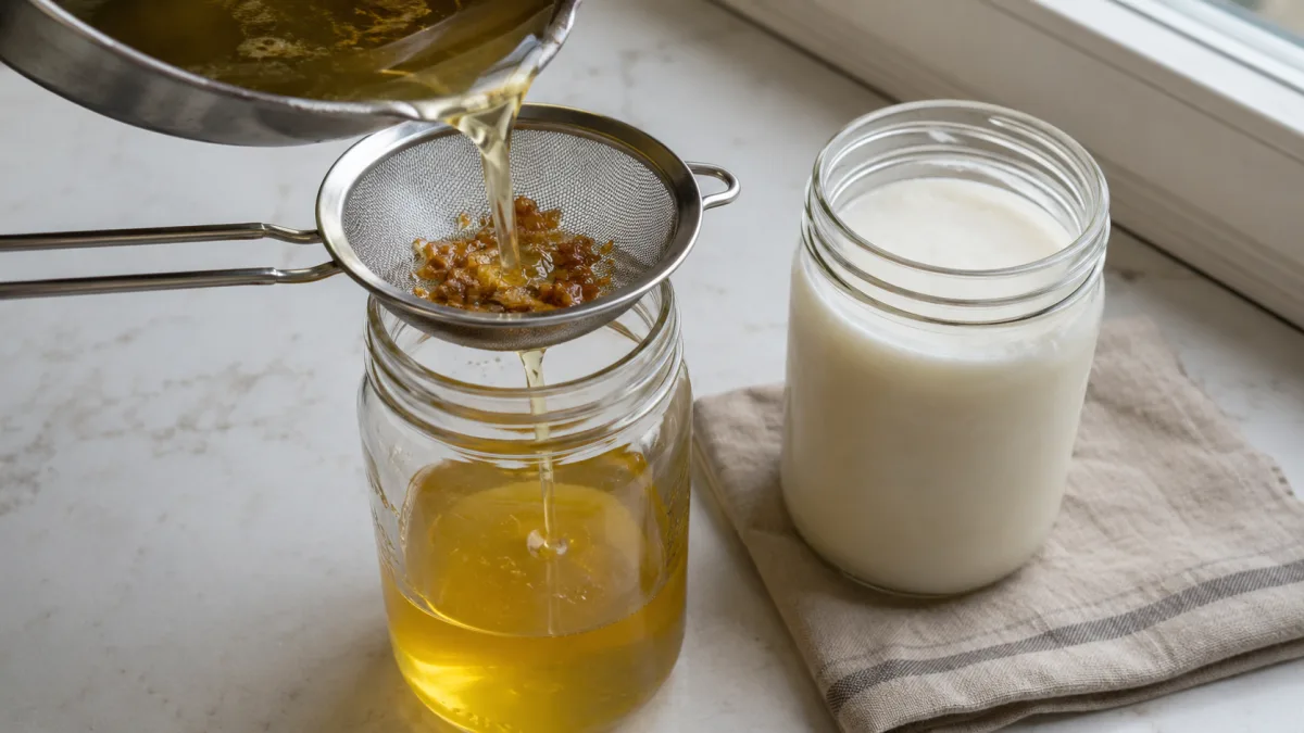 Rendered goose fat being poured through a fine-mesh sieve into a glass jar