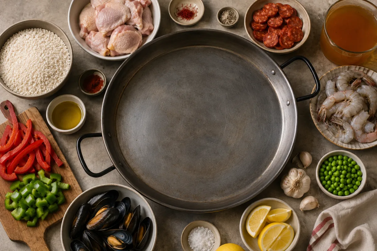 Filipino paella ingredients arranged beside a wide pan