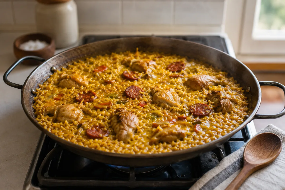 Filipino paella rice simmering in a wide pan