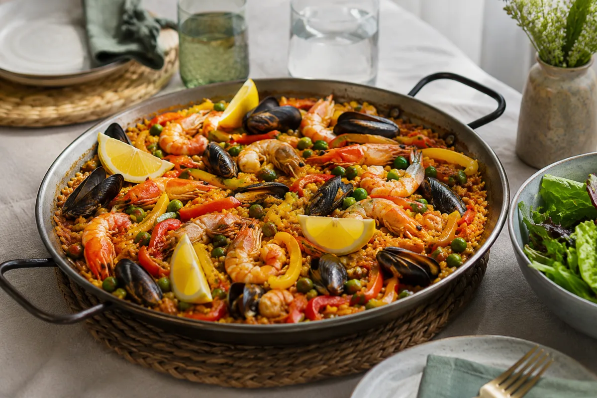 Finished Filipino paella with lemon and simple side salad