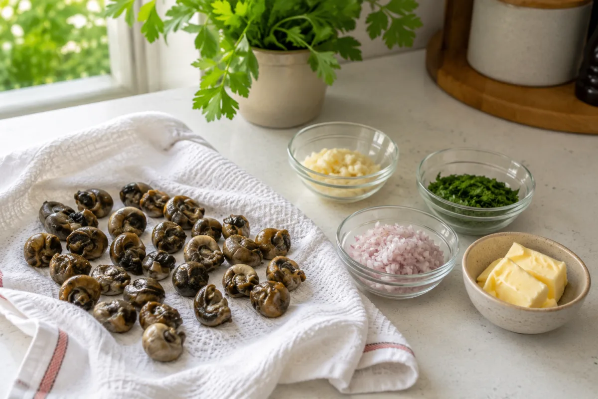 Drained canned escargot on a kitchen towel beside a small bowl of garlic and parsley