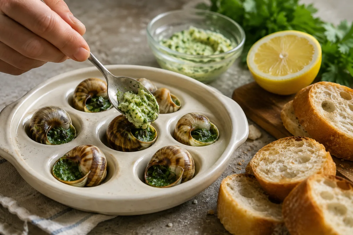 Garlic parsley butter being spooned into an escargot dish