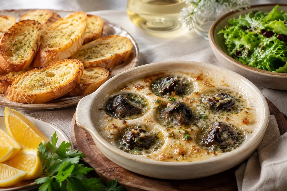 Hot escargot with toasted baguette and lemon wedges