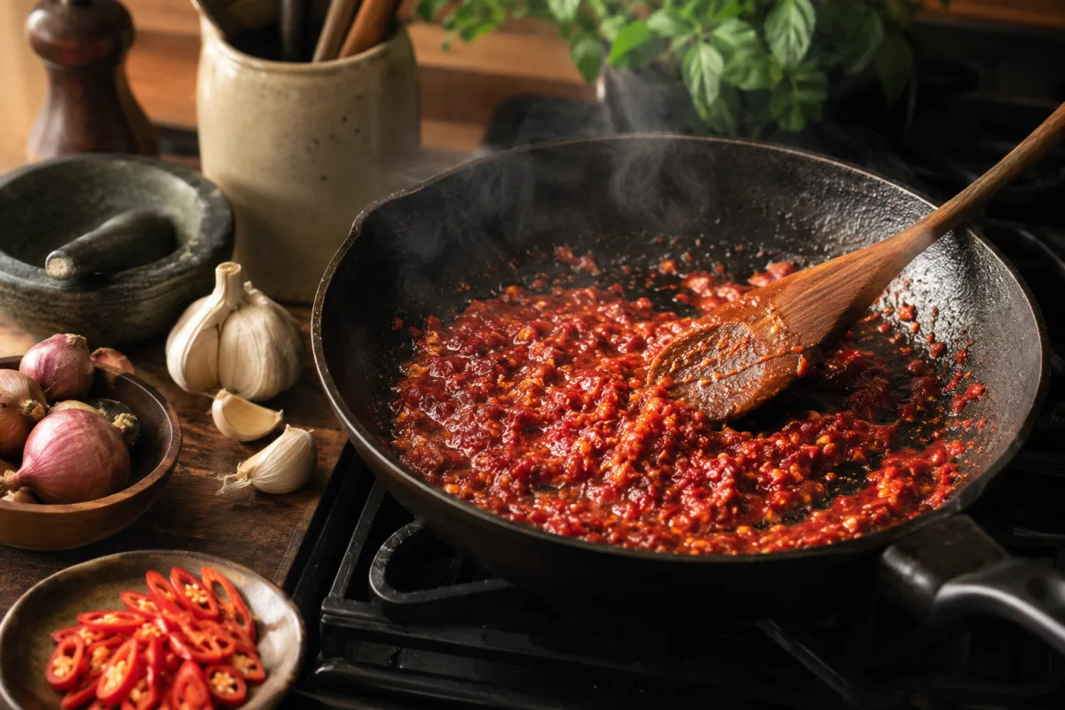 Malaysian chili paste cooking in a pan