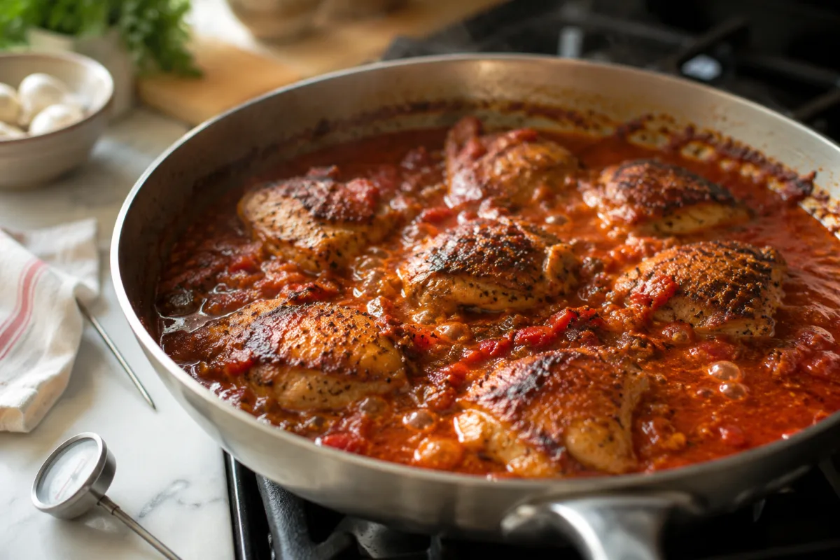 Chicken simmering in spicy Malaysian red chili sauce