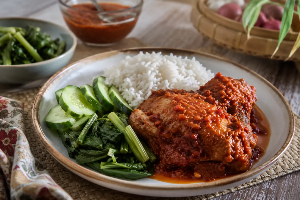 Spicy Malaysian chili chicken served with rice and cucumber