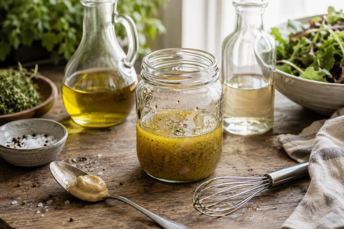 Jar vinaigrette shaken beside fresh greens