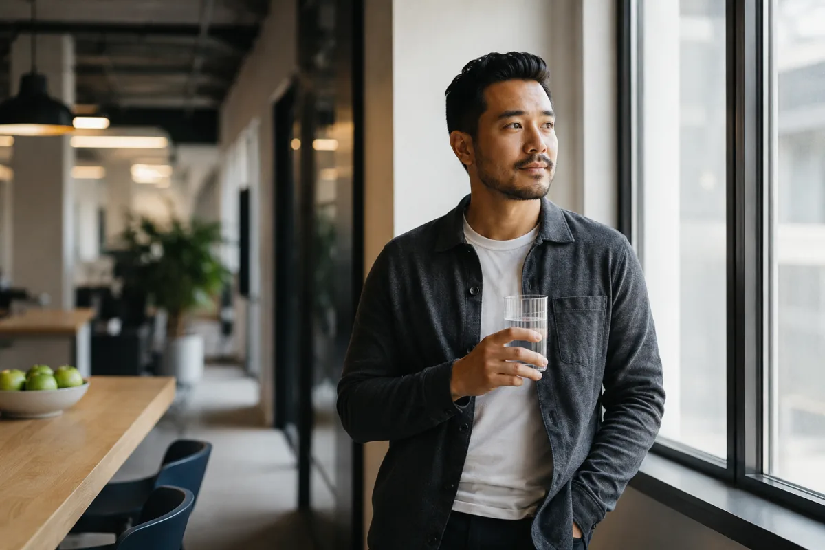 Employee taking a short reset after a stressful coworker interaction