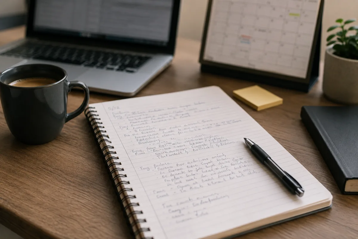 Workplace incident notes beside a laptop and calendar