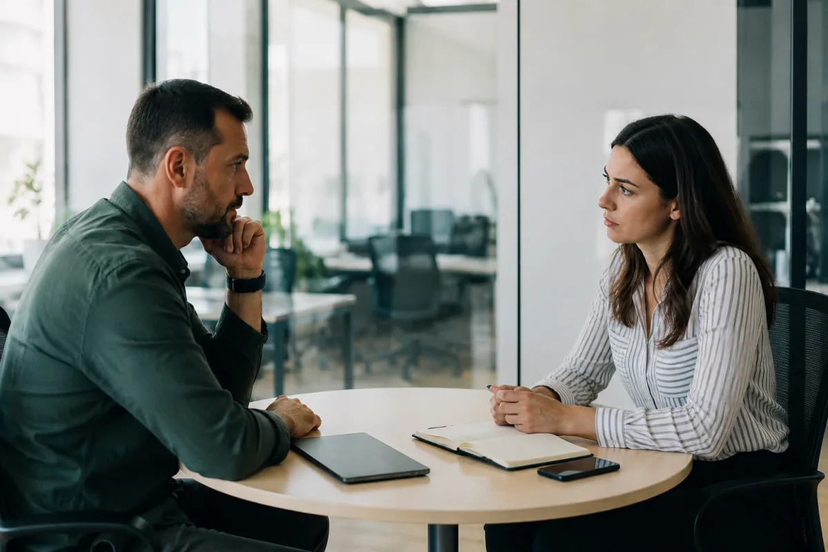 Two coworkers in a calm meeting with a notebook between them