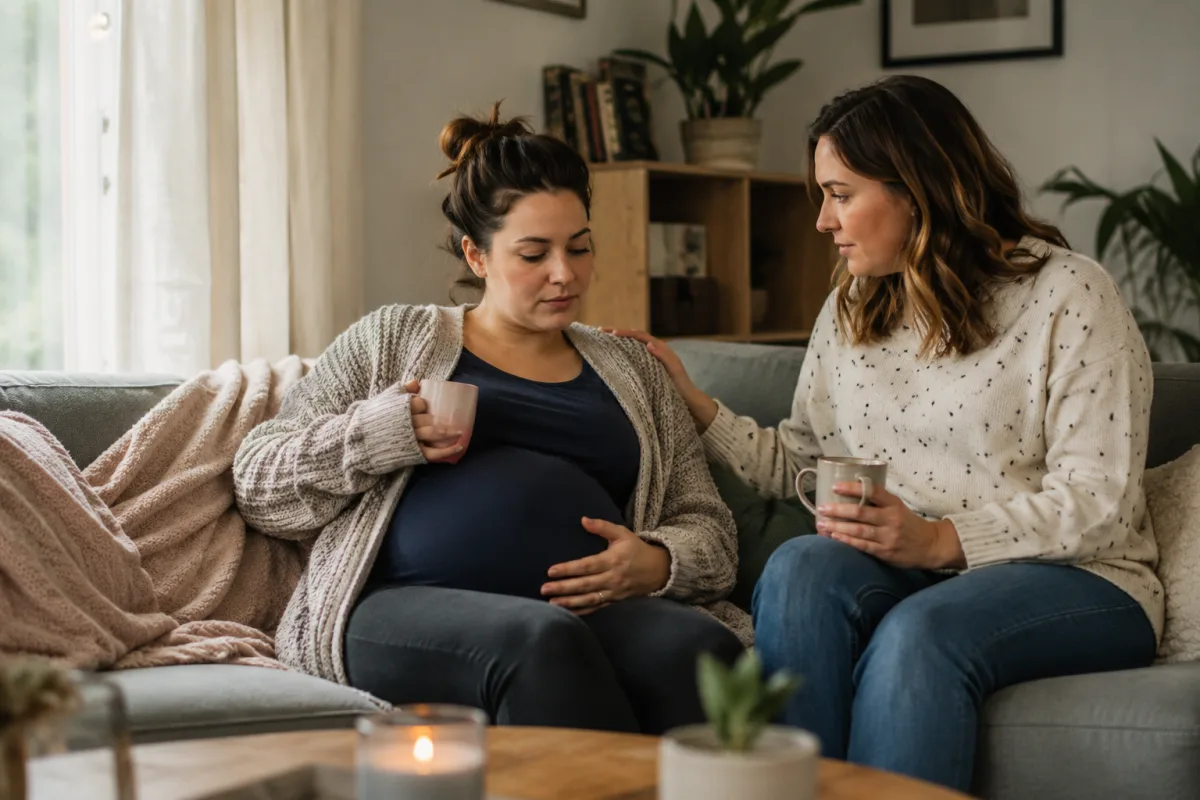 Supportive friend sitting with pregnant person during a difficult day