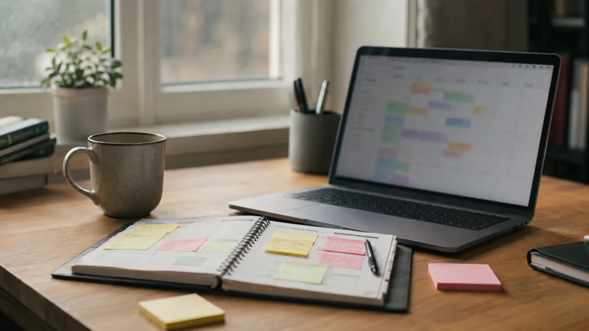 Work notes and project deadlines on a desk