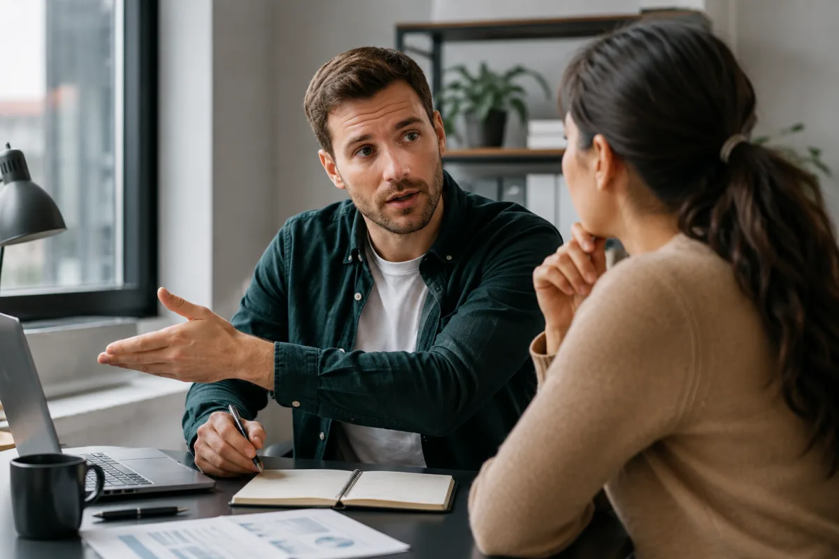 Employee calmly redirecting workplace gossip