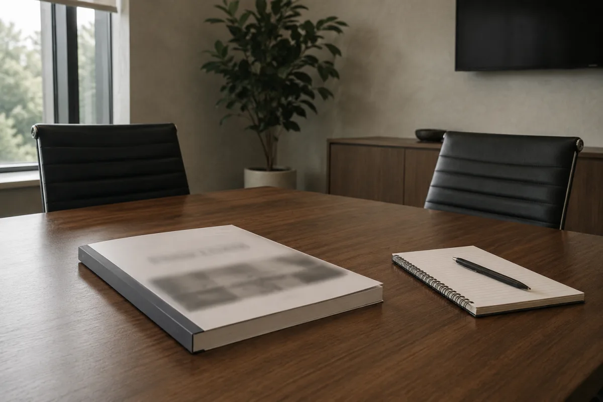Workplace policy and HR meeting notes on a desk