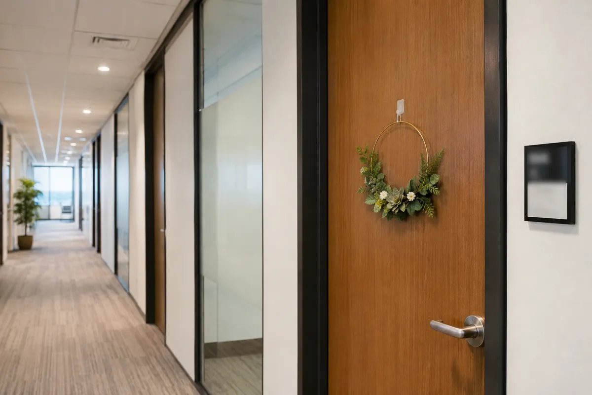 Simple office door decoration that leaves signs and handle clear