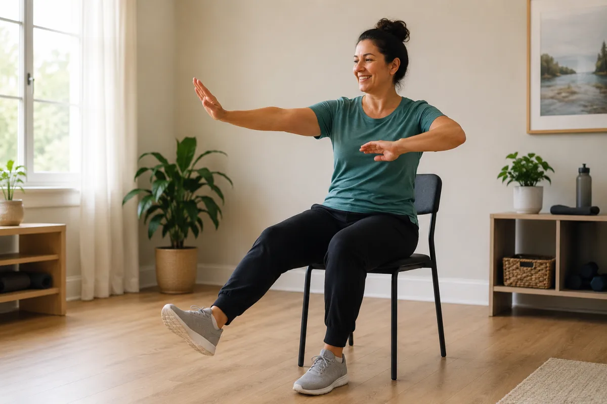 Person doing seated arm reaches and foot taps in a chair dance routine