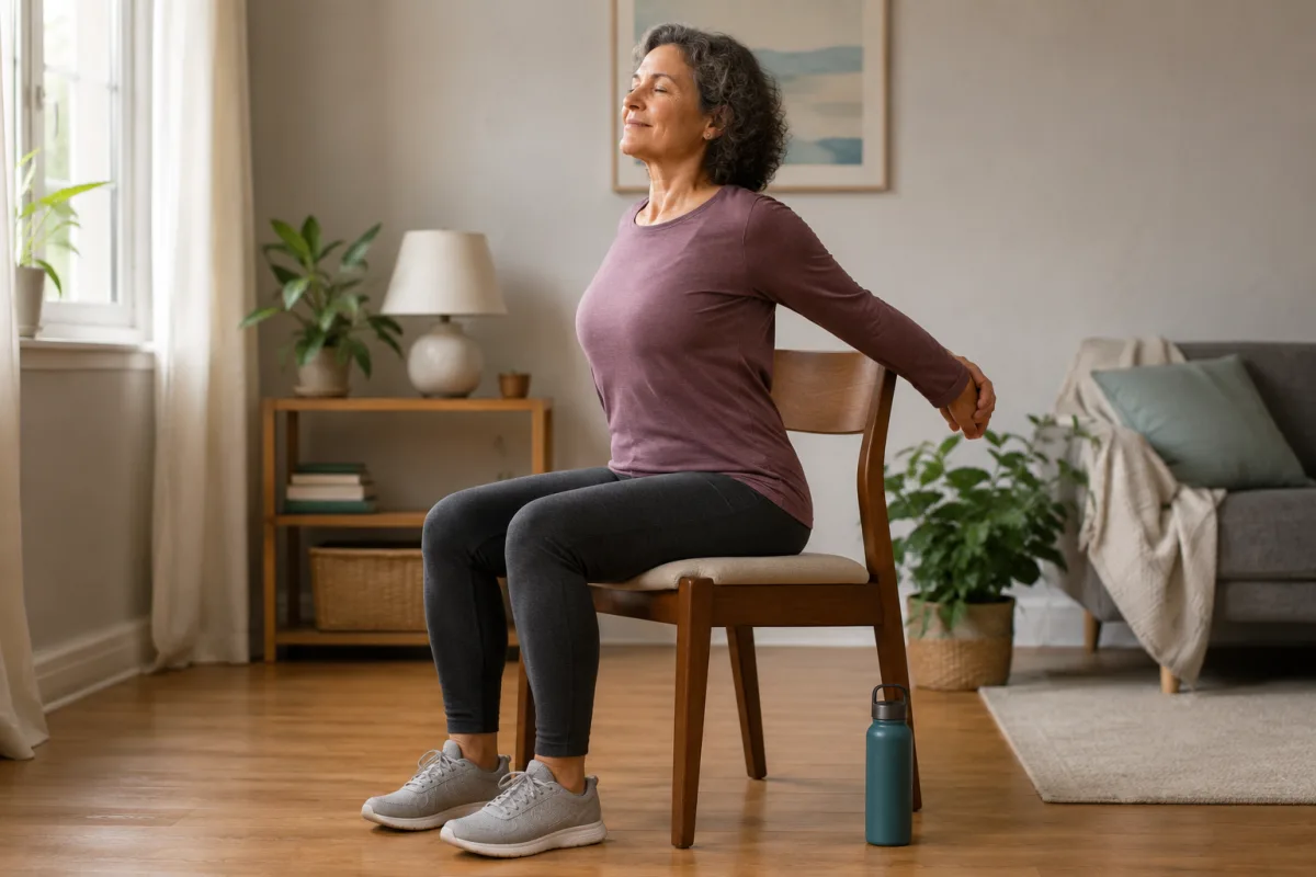 Chair dance cooldown with gentle chest stretch