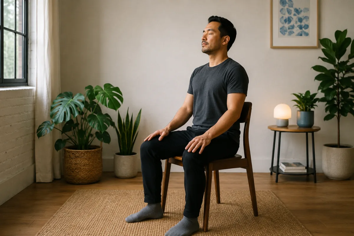 Male pelvic floor exercise posture shown in a neutral home setting