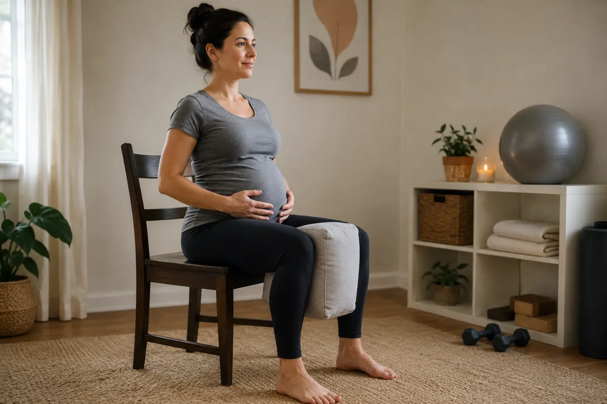 Pregnant person setting up seated knee press with pillow