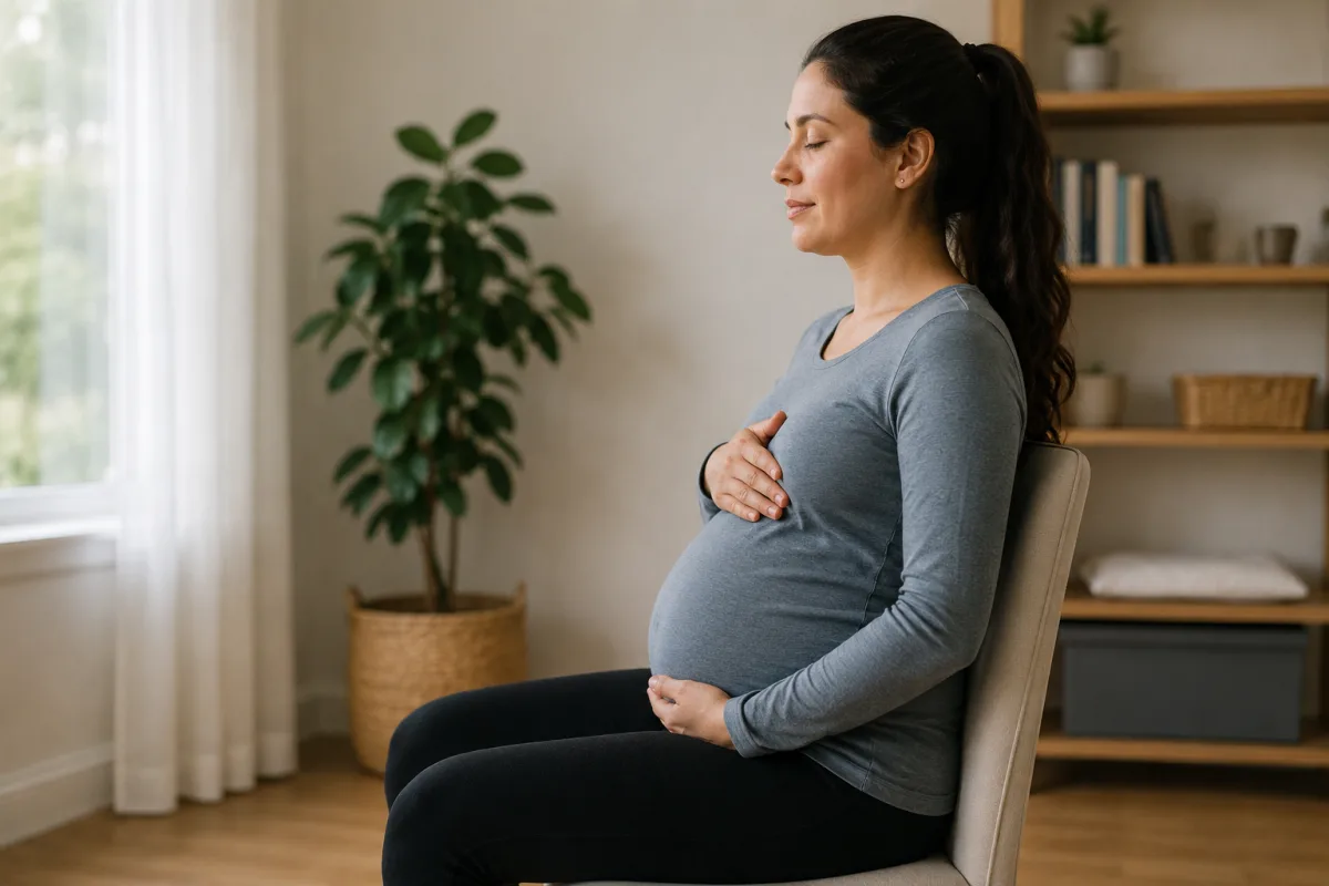 Gentle breathing during seated knee press pregnancy exercise