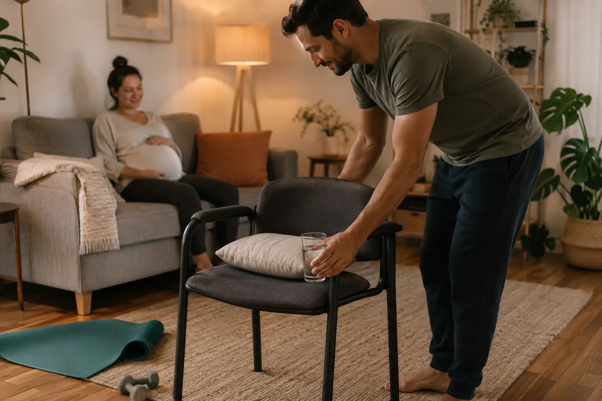 Partner setting up chair and water for prenatal exercise