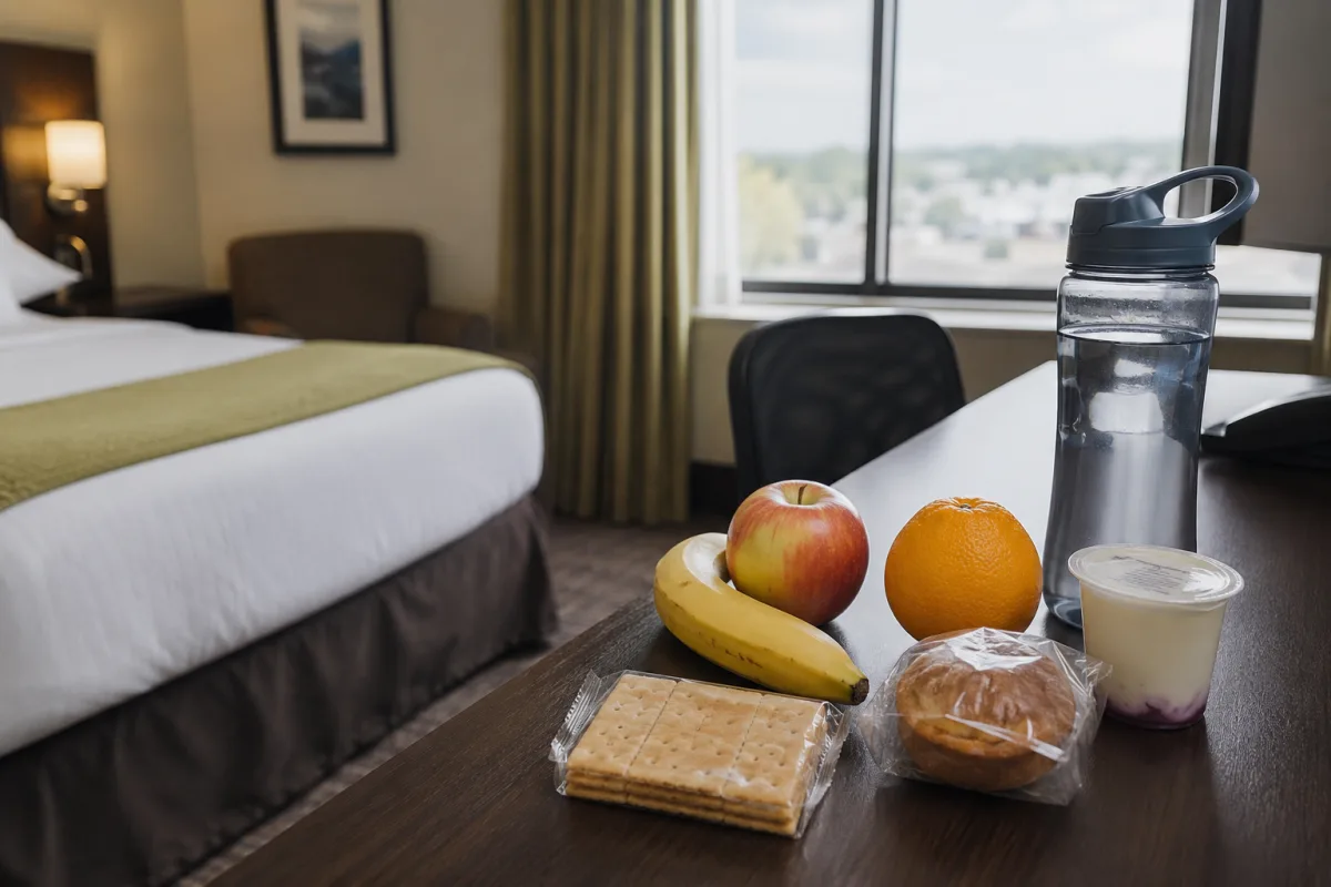 Budget Las Vegas hotel room snacks and water