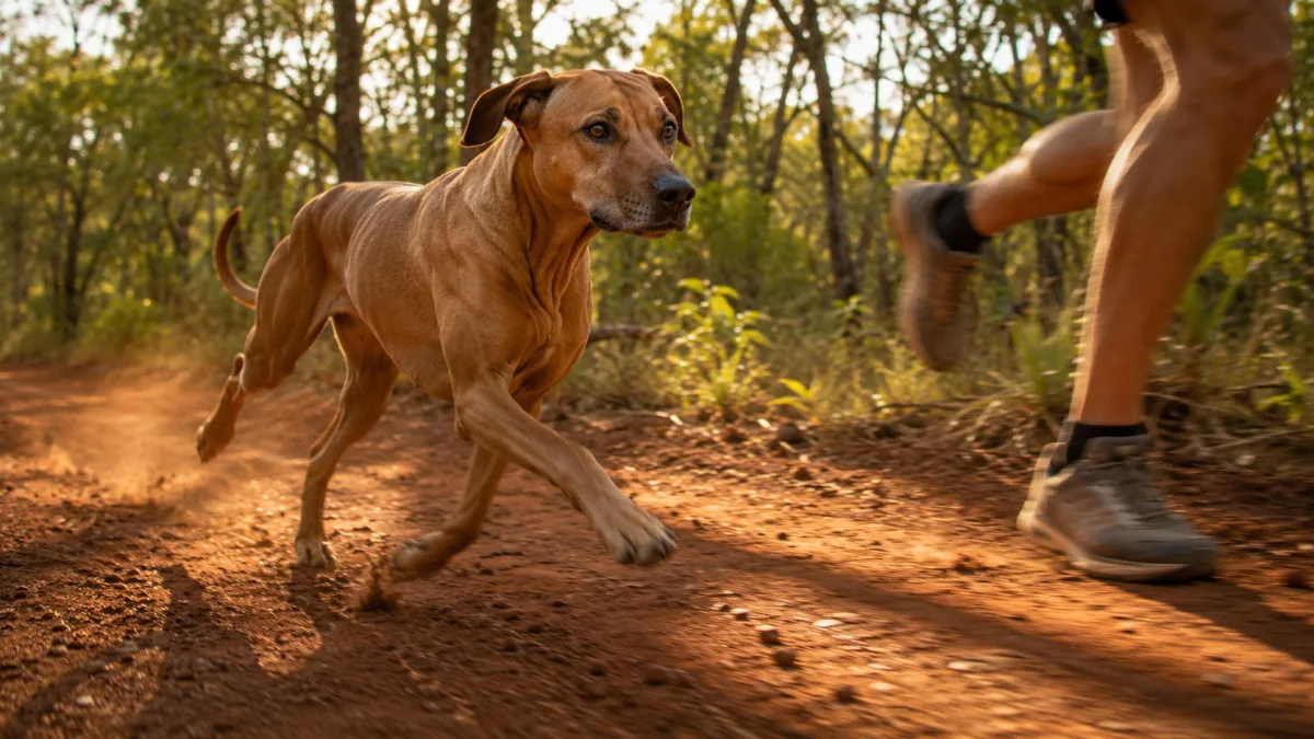 Rhodesian Ridgeback running alongside owner on a dirt trail at dawn