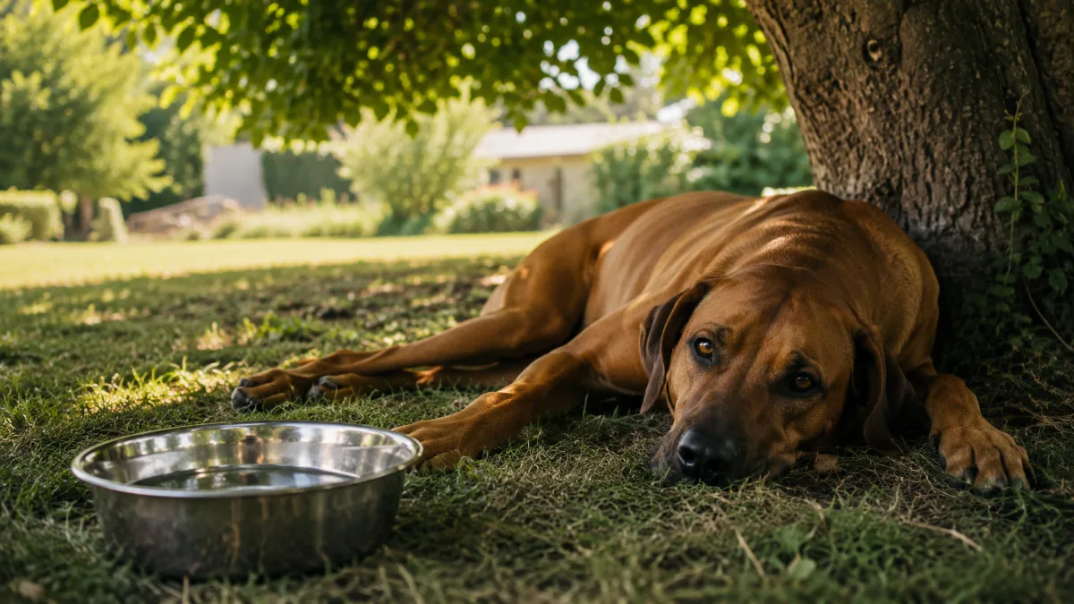 Rhodesian Ridgeback resting in shade after exercise with a water bowl nearby