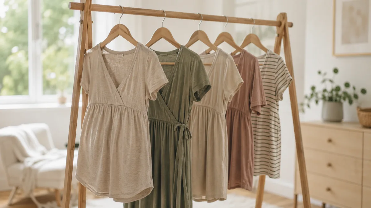 Neatly arranged maternity clothing including empire-waist tops and stretchy jersey pieces on a wooden rack in natural light