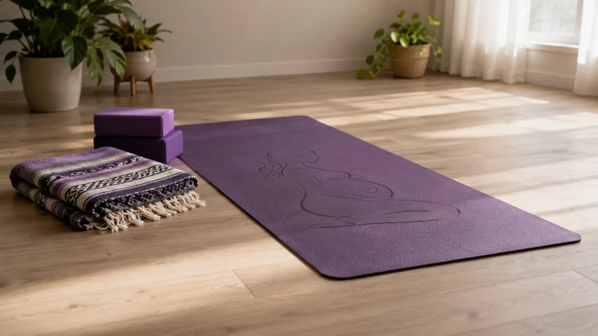 Prenatal yoga mat with folded blanket and yoga blocks arranged on a light hardwood floor near a window