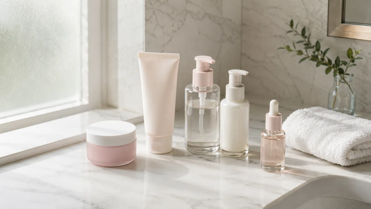 Pregnancy-safe skincare products arranged on a marble bathroom counter — moisturizer, mineral sunscreen, azelaic acid serum