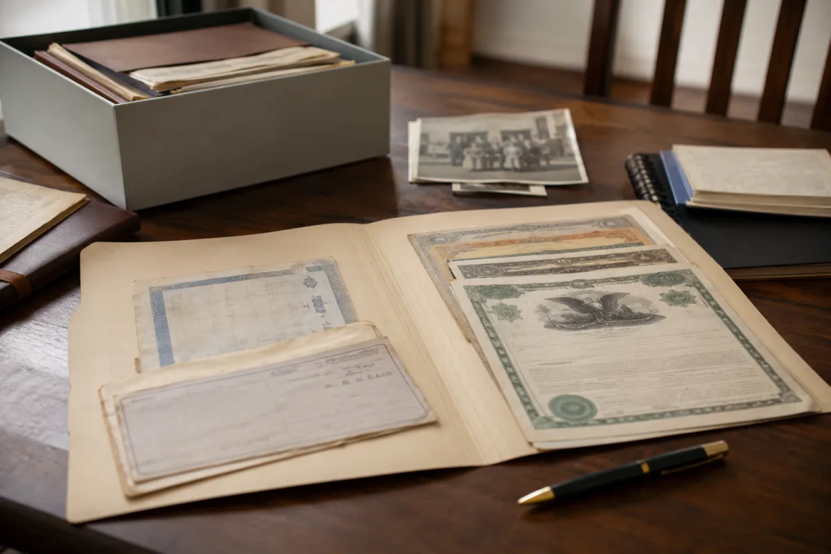 Old family savings bonds organized with estate paperwork