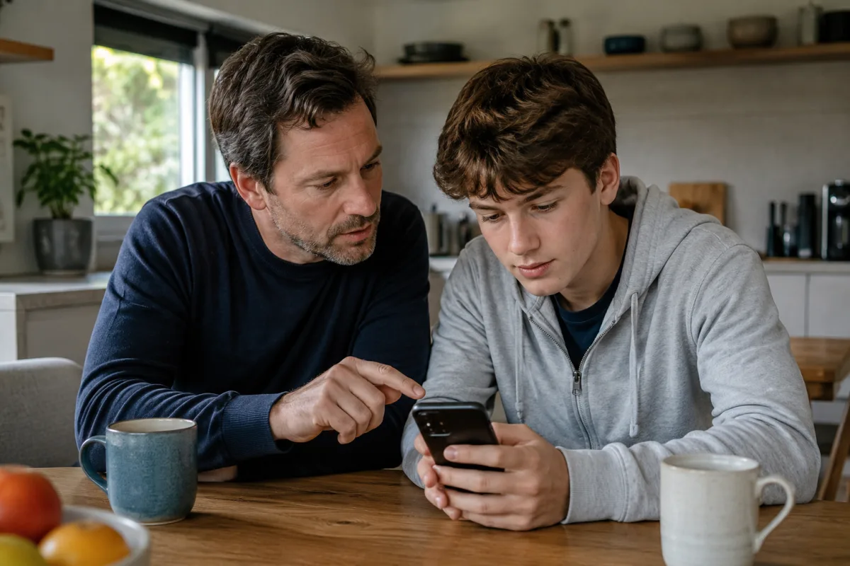 Teen and parent reviewing app age rules together