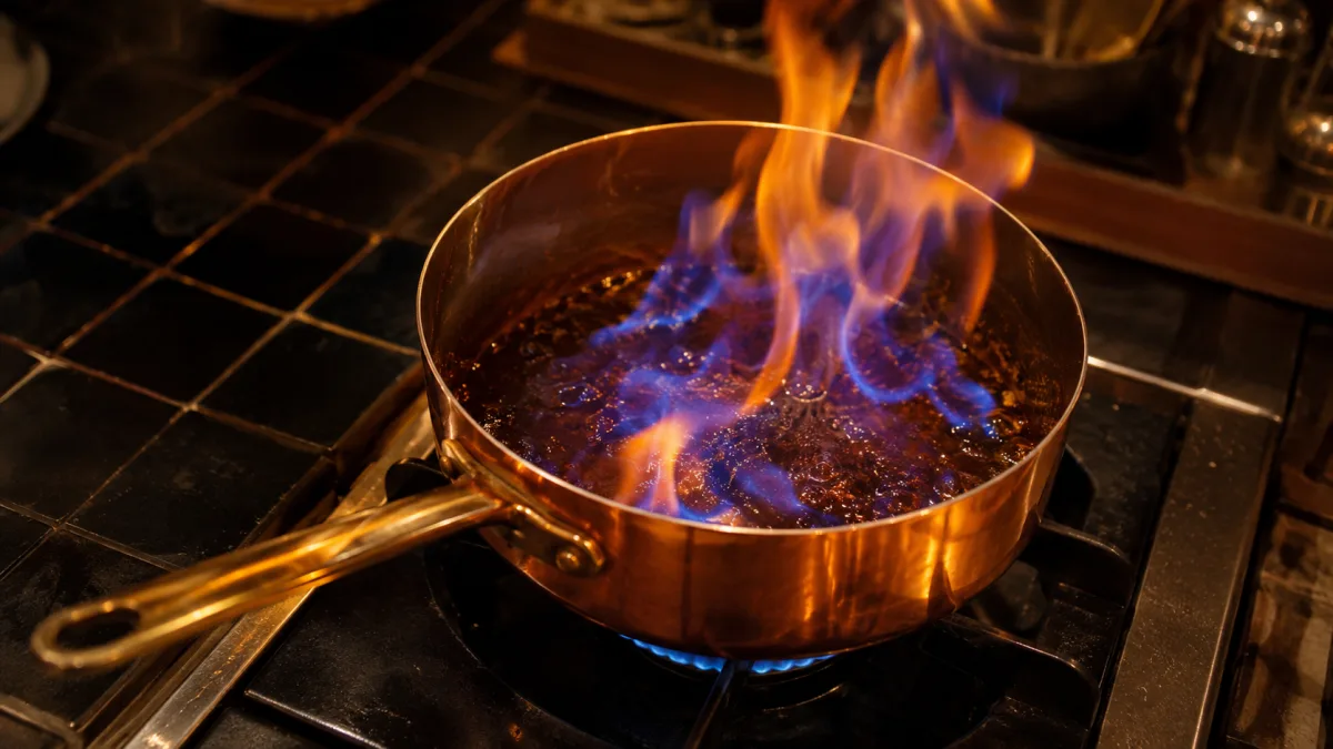 Blue ethanol flames above a copper saucier pan on a gas stove during flambéing