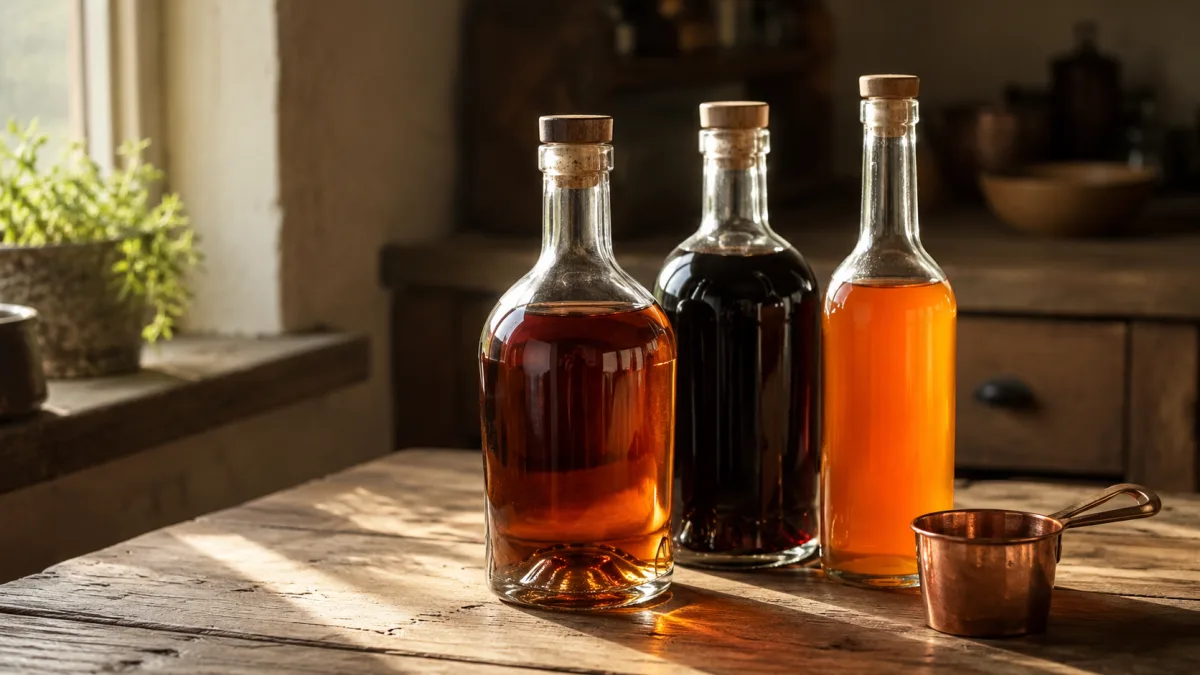 Selection of spirits for flambéing including brandy, dark rum, and orange liqueur on a wooden kitchen counter