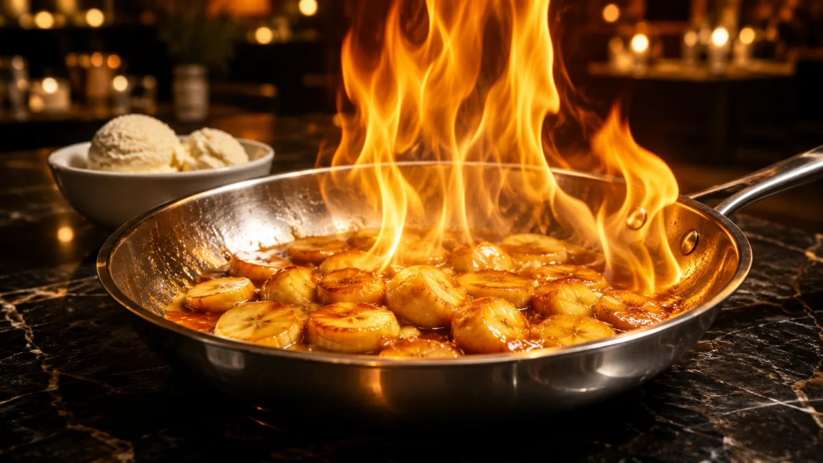 Tableside Bananas Foster being flambéed in a skillet with flames above caramelized bananas