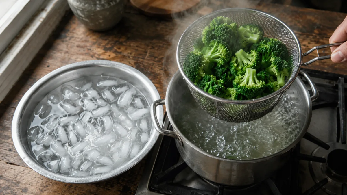 Vegetables being lifted from boiling water into an ice bath during the blanching process