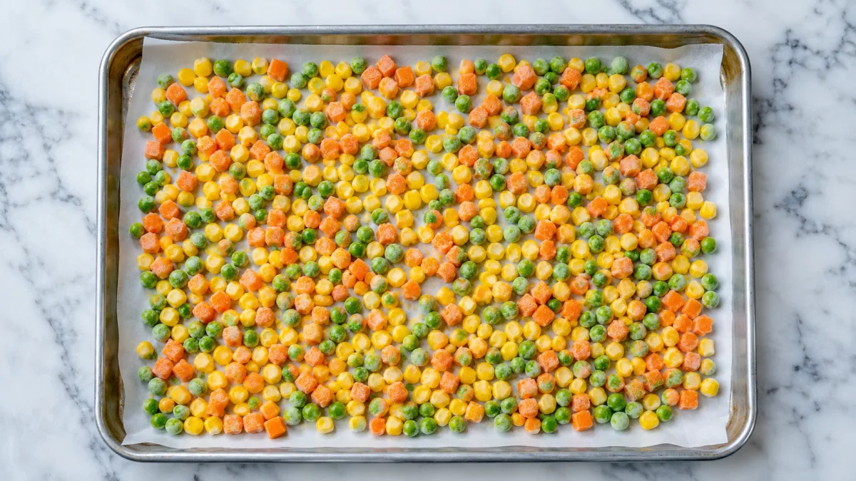 Blanched vegetables spread in a single layer on a baking sheet for flash freezing