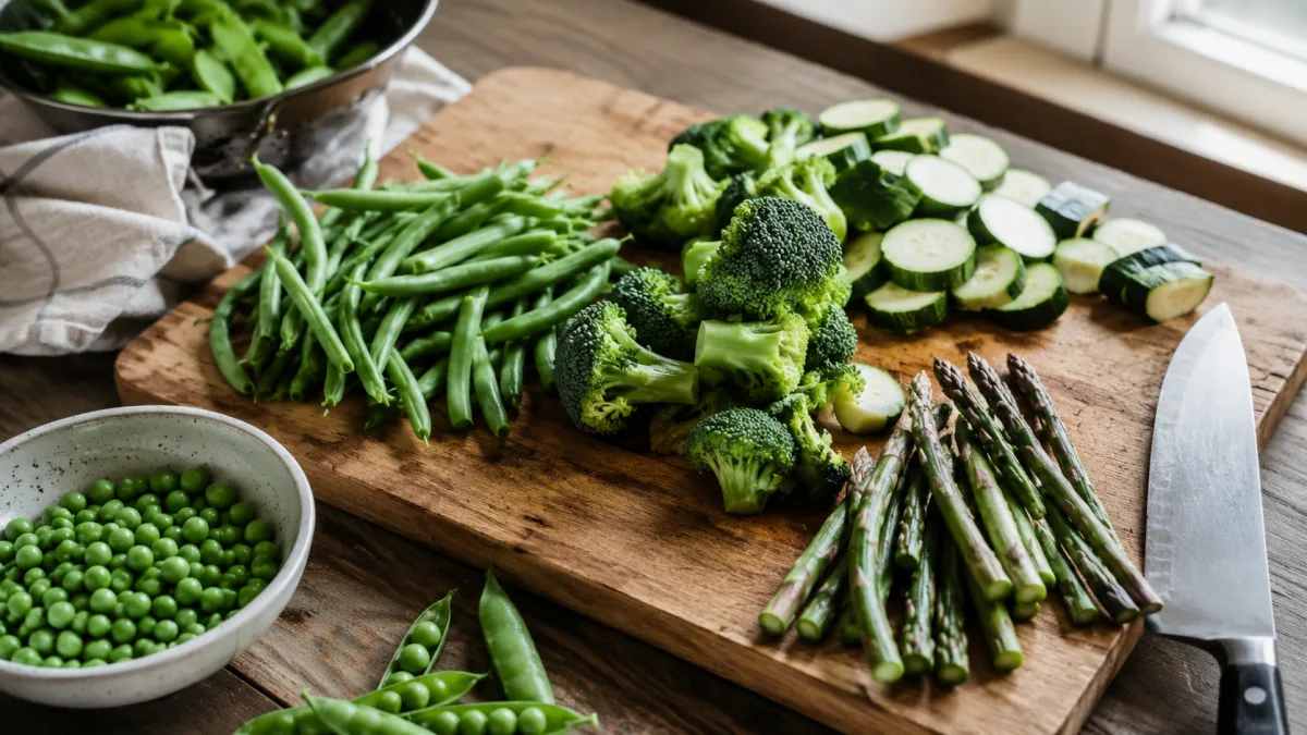 An assortment of fresh vegetables prepped and ready for blanching and freezing