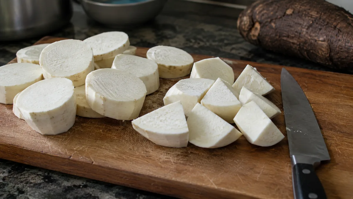 Peeled African yam pieces on cutting board
