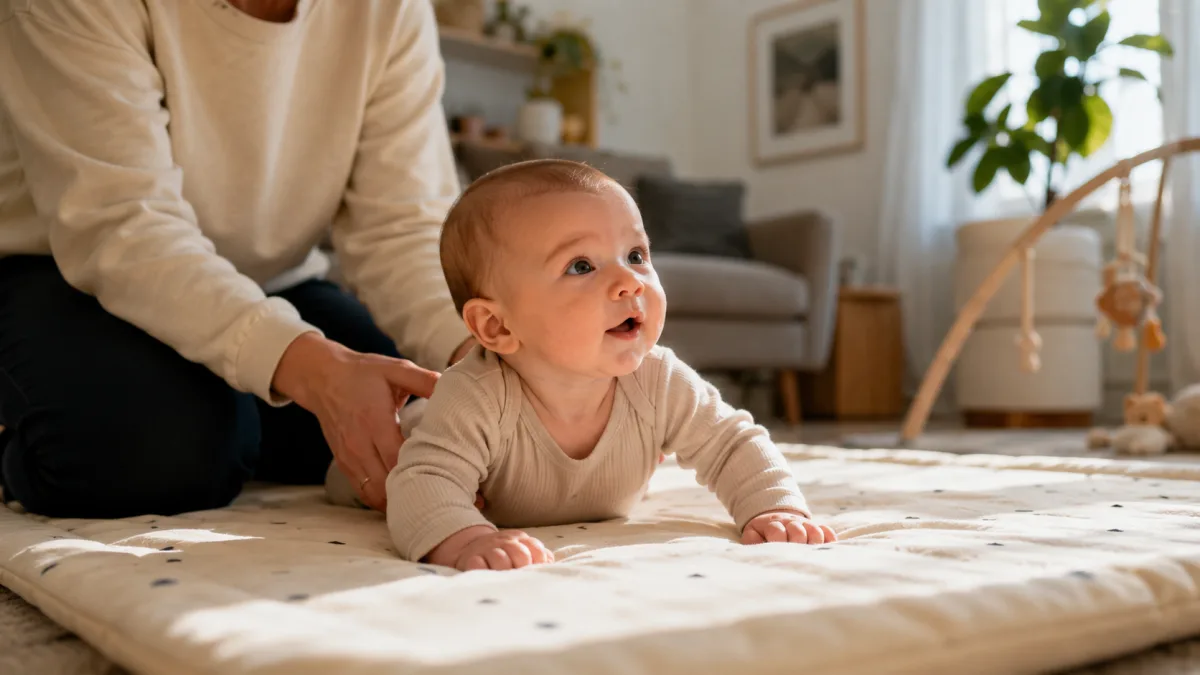 Parent doing tummy time with a small premature baby on a soft play mat