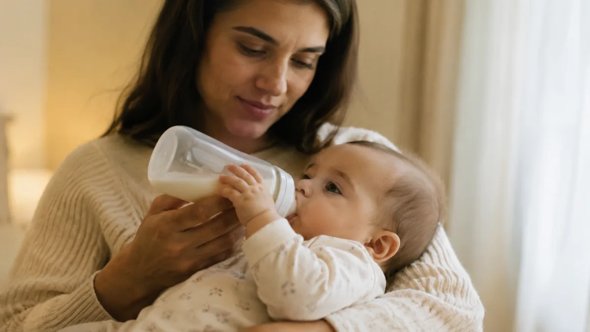 Mother bottle-feeding a small premature baby with careful attention to feeding cues