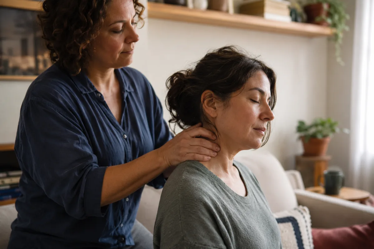 Gentle head massage starting at the shoulders and base of skull
