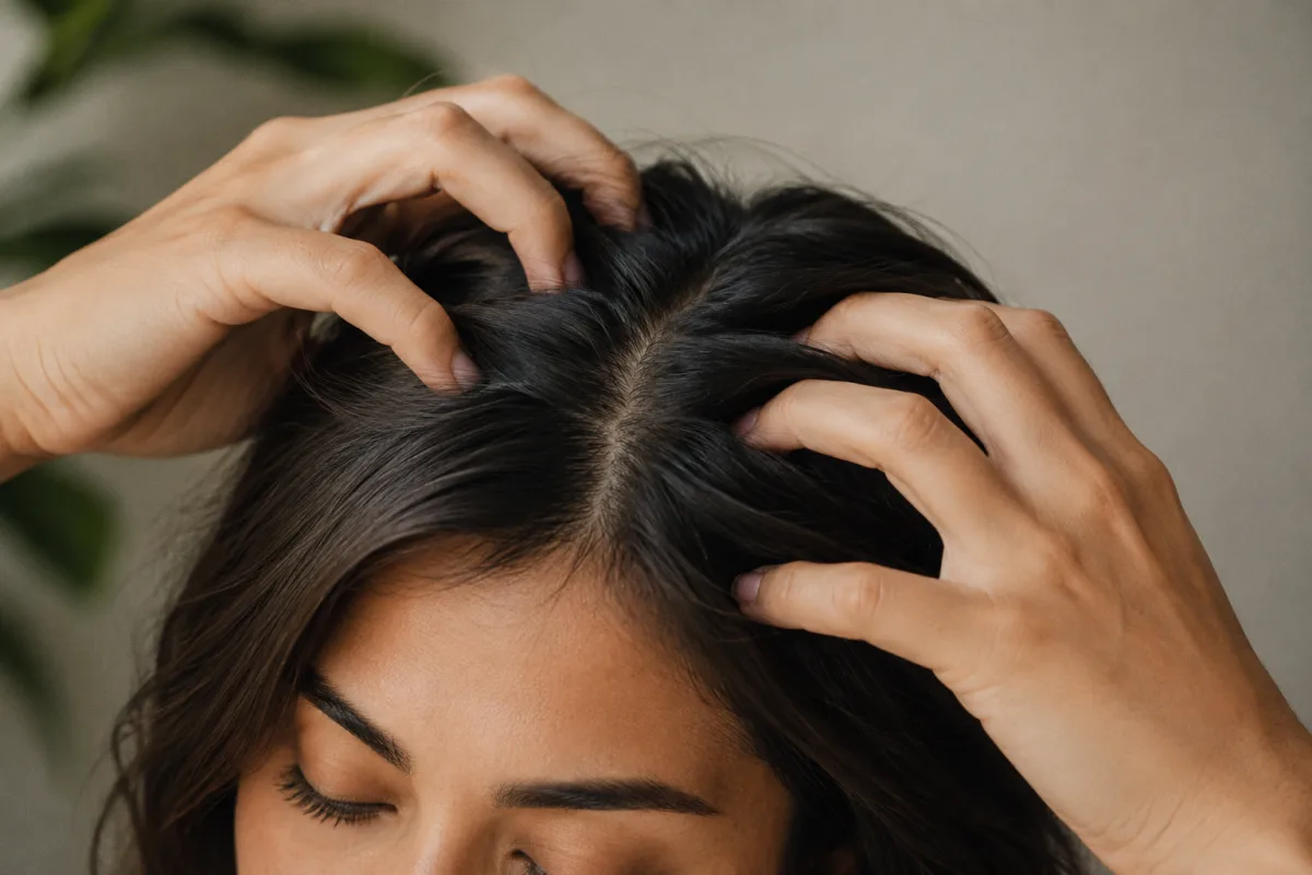 Hands using light circular pressure during a scalp massage