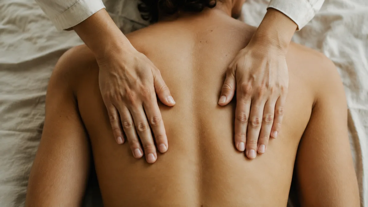 Hands performing effleurage gliding strokes on a person's back
