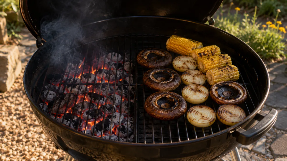 Two-zone charcoal grill setup with glowing coals on one side and vegetables on the other