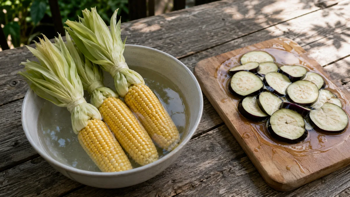 Corn in husks soaking in water before grilling alongside eggplant slices