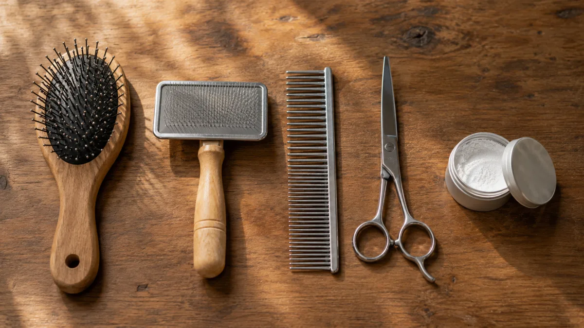 Longhair dachshund grooming tools laid out on a wooden surface including pin brush, slicker brush, and metal dematting comb