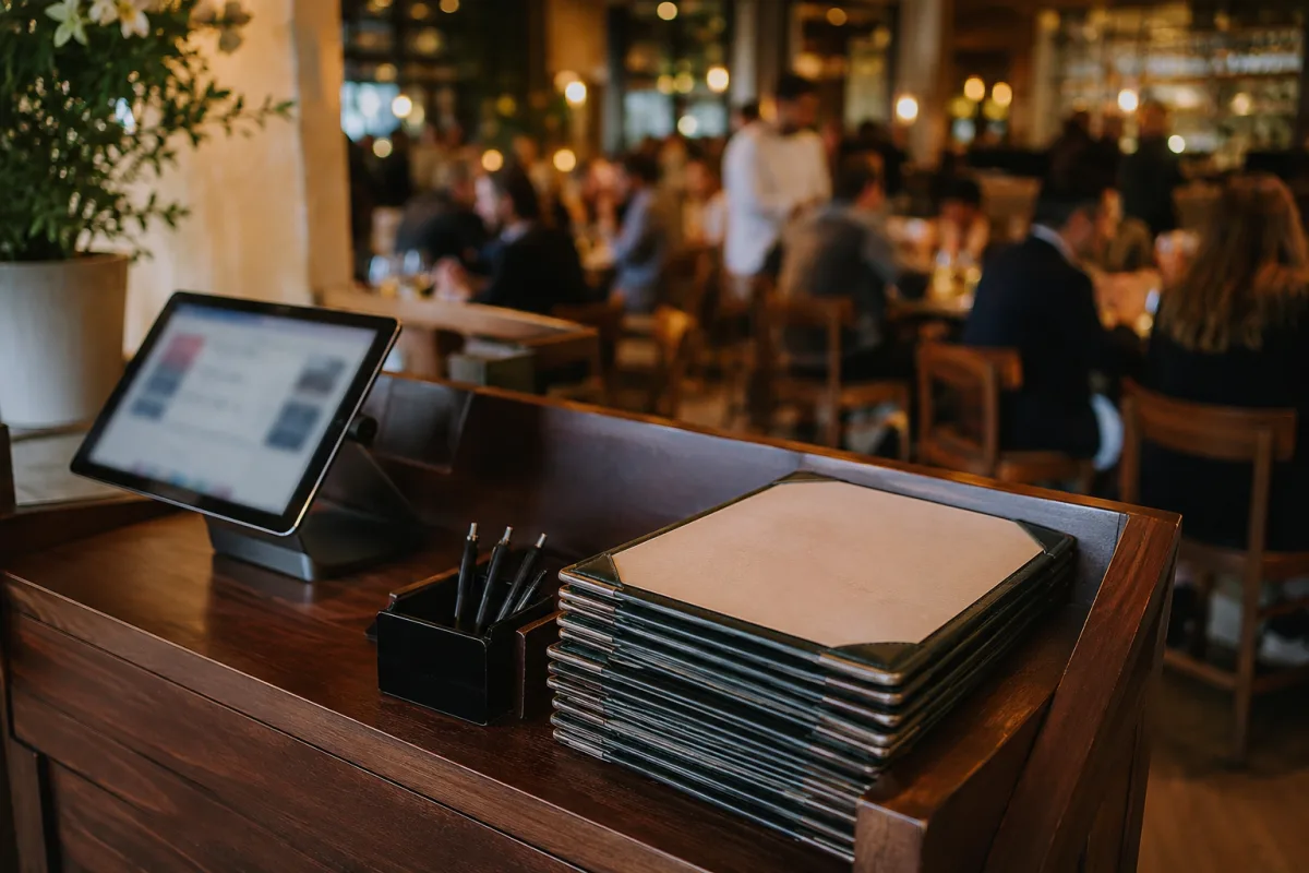 Restaurant host stand with waitlist and clean menus